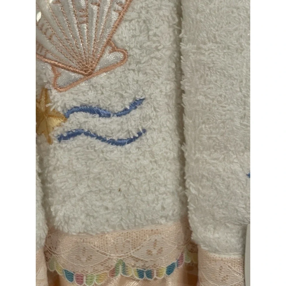 Vintage Sea Shell Bath Towels Set 5 White Pink Satin‎ Embroidered Ocean New